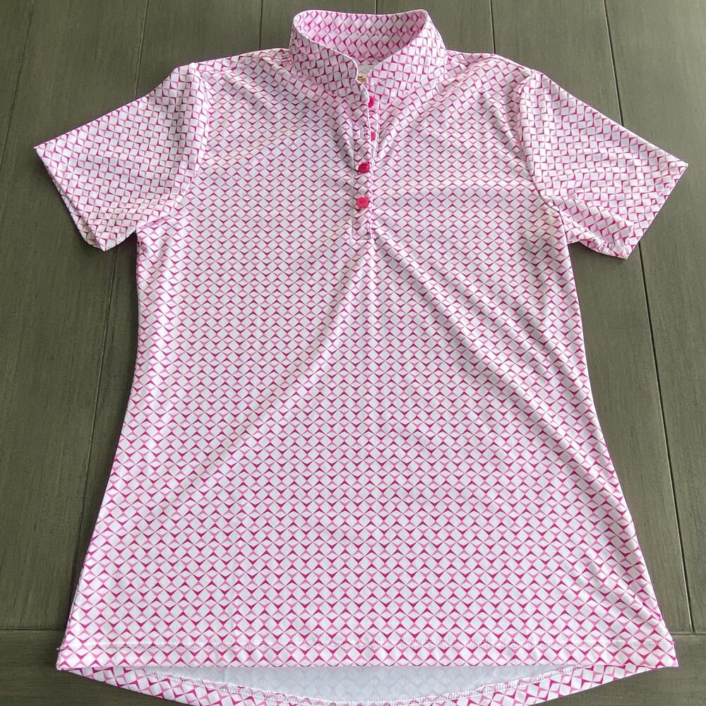 Greg Norman PlayDry Mock Neck Golf Shirt • Pink/White • Women’s M